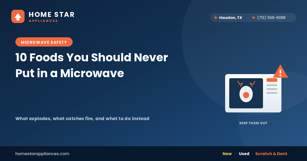 Microwave with a warning symbol showing foods that should not be microwaved