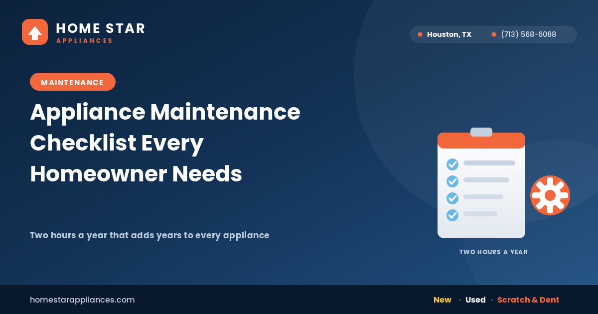 Homeowner performing appliance maintenance with a checklist