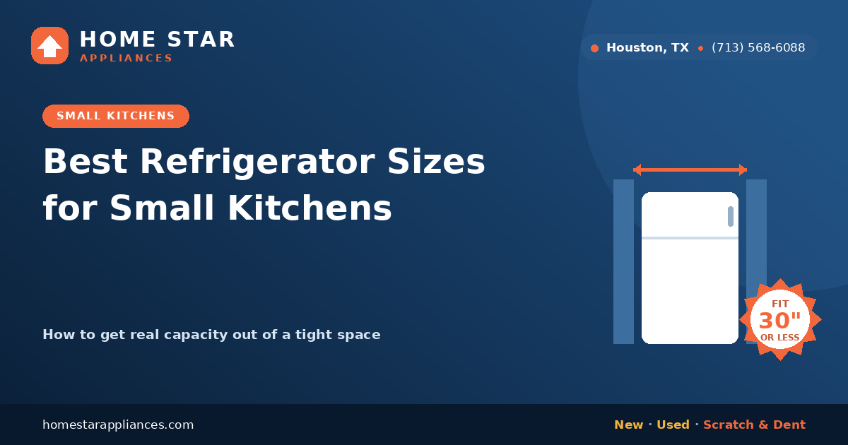 Refrigerator fitted into a narrow small-kitchen alcove with width measurement