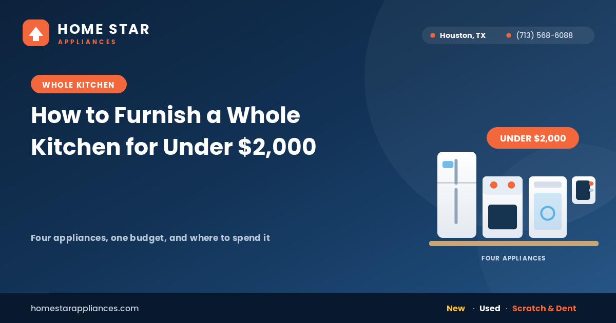 Complete kitchen with refrigerator, range, dishwasher and microwave on a budget