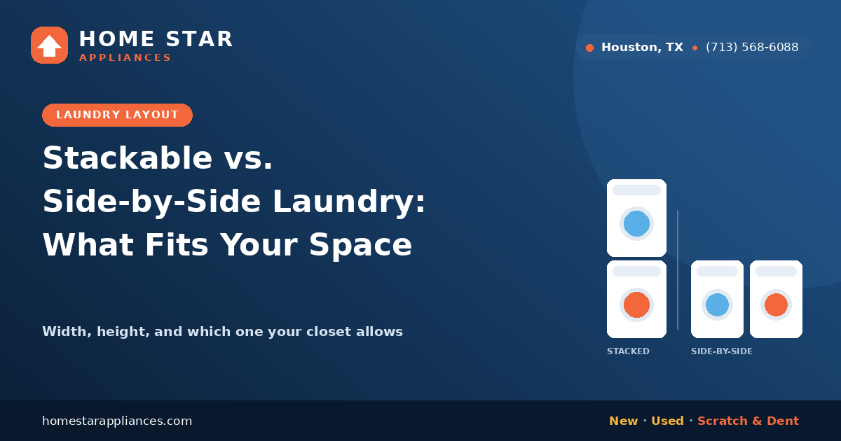 Stacked washer and dryer next to a side-by-side laundry pair
