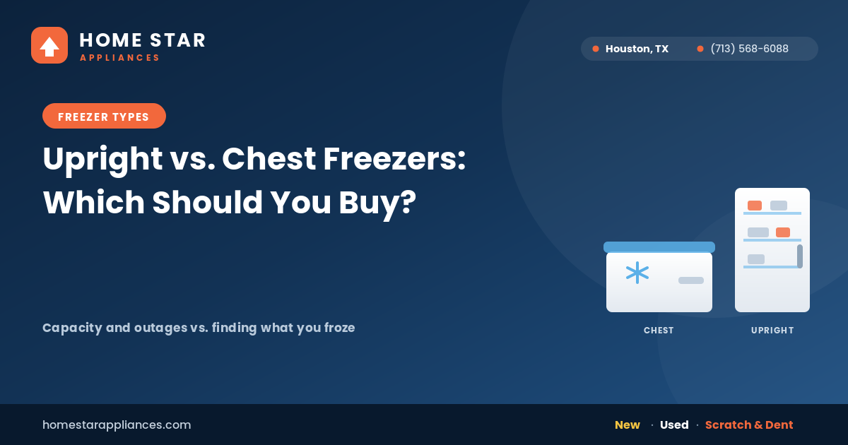 Chest freezer next to an upright freezer compared side by side