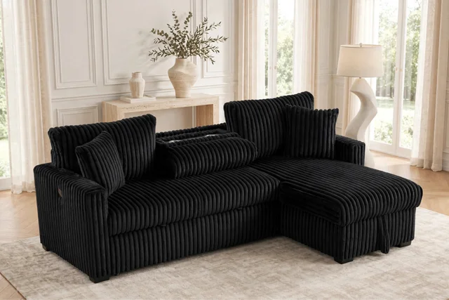 Aria Black Sectional with Pull-Out Bed & Storage Chaise