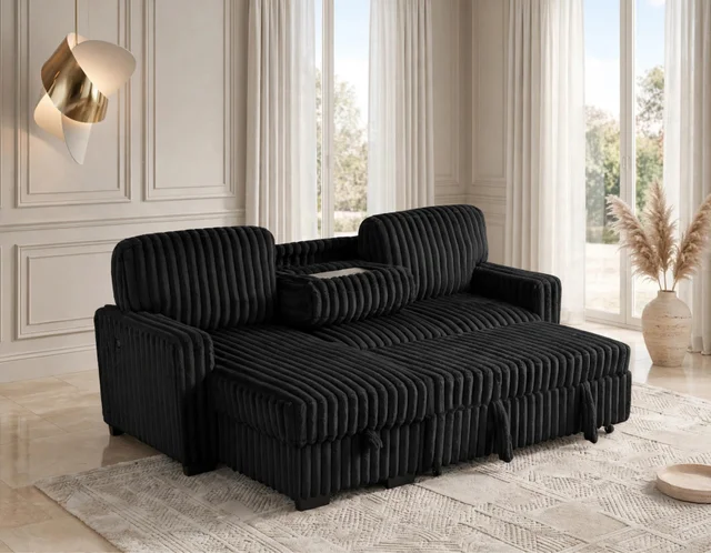 Poland Black Reversible Sectional with Pull-Out Bed