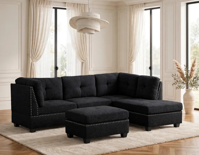 Sienna Boucle Black Sectional + Ottoman Set — Flash Sale