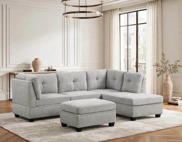Sienna Boucle Gray Sectional + Ottoman Set — Flash Sale