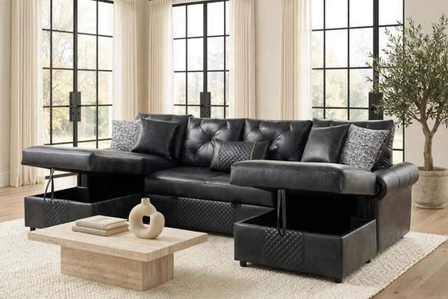 Sonoma Black Double Storage Chaise Sectional (w/ Pull-Out Bed) — New Arrival